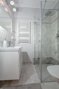 a bathroom with a glass shower and a sink at Willa Major in Dziwnów