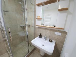 a bathroom with a sink and a shower at PB Ferienwohnungen - FeWo 3 - Stilvoll eingerichtetes Studio im Herzen Senftenbergs in Senftenberg
