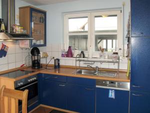 LosentitzにあるHoliday Home Losentitz-1 by Interhomeの青いキャビネット、シンク、窓付きのキッチン