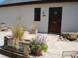 a house with a wooden door and some flowers at Blas Gwyr in Llangennith