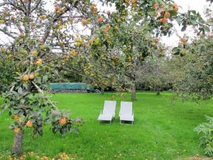 zwei weiße Stühle im Gras unter einem Apfelbaum in der Unterkunft Holiday Home Le Lanchon - LVT402 by Interhome in Le Vrétot