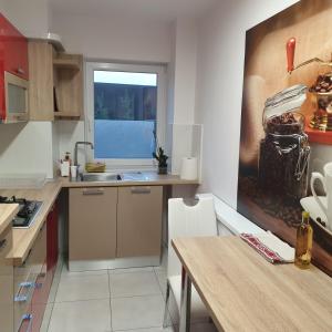 cocina con fregadero, mesa y ventana en Carolina Sweet Apartament, en Oradea