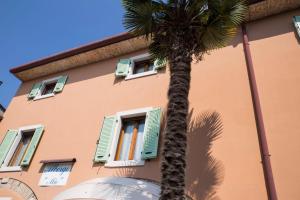 a palm tree in front of a building with green shutters at Albergo Mio Boutique Hotel in Lazise