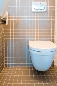 a bathroom with a toilet in a tiled wall at Hotel du Bassin in Ostend