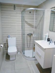 ein Badezimmer mit Dusche, Toilette und Waschbecken in der Unterkunft Sweet Home Las Canteras in Las Palmas de Gran Canaria