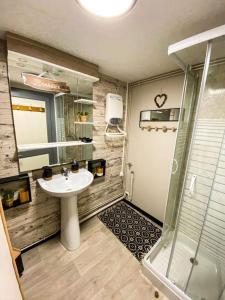 a bathroom with a sink and a shower at Les gites de Marie in Boulogne-sur-Mer