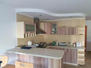 a kitchen with wooden cabinets and a counter top at Adventure apartamentai in Druskininkai