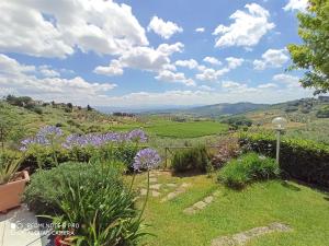 vista su un giardino con fiori viola su una collina di La Solaria a Carmignano
