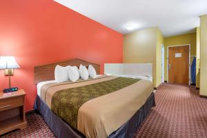 een groot bed in een kamer met een rode muur bij Econo Lodge Louisville Airport in Louisville