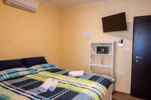 1 dormitorio con 1 cama y TV en la pared en Via Flavia with Common Pool, en Labinci
