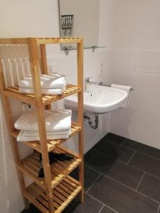 ein Badezimmer mit einem Waschbecken und einem Regal mit Handtüchern in der Unterkunft Ferienwohnung Weißburgunder in Lieser