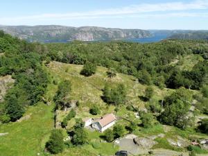 z góry widok na dom na wzgórzu z drzewami w obiekcie Chalet Nedregård - SOW002 by Interhome w mieście Farsund