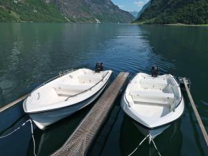 two boats are docked at a dock on a lake at Chalet Rødhette - FJS386 by Interhome in Gudvangen