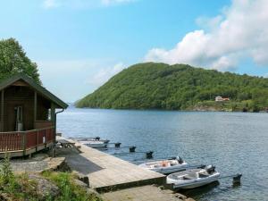 un grupo de barcos estacionados en un muelle en un lago en Holiday Home Naudøyna - SOW046 by Interhome, en Lyngdal