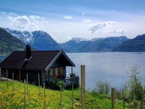 a house on a hill next to a body of water at Chalet Slåttenes - FJH415 by Interhome in Naustflot