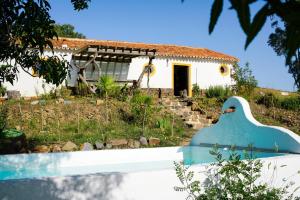 a house with a blue object in front of a yard at The Stream House - Montes da Ronha in Zambujeira do Mar