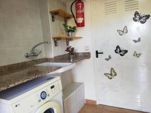 a kitchen with a washing machine and butterflies on the door at Casa Rural Los Pineros in Montán +27 photos