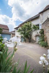 einen Hof mit weißen Blumen vor einem Gebäude in der Unterkunft GITE Home Bacchus in Savigny-lès-Beaune