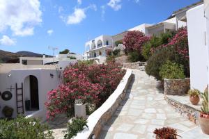 a row of white houses with pink flowers and plants at Agnanti studios - sikinos in Síkinos