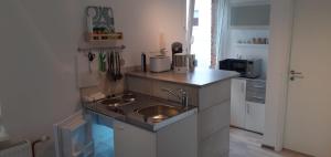 uma cozinha com um lavatório e uma bancada em Ferienwohnung Wittenberge em Wittenberge