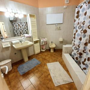 uma casa de banho com um lavatório, um chuveiro e um WC. em Casa Bagnaia em Portoferraio