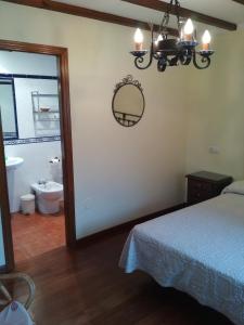 ein Schlafzimmer mit einem Bett und einem Spiegel sowie ein Badezimmer in der Unterkunft Casa Fonso in Villapedre