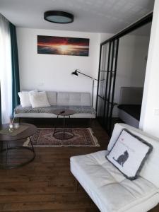 - un salon avec un canapé et une table dans l'établissement Centro apartamentai, à Birštonas