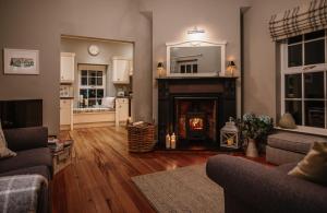a living room with a fireplace and a mirror at Bay Tree Cottage in Hillsborough