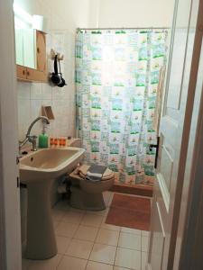 a bathroom with a toilet and a shower curtain at Corfu Sunflower Apartments in Benitses +78 photos