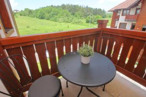 a table with two chairs and a potted plant on a balcony at Apartman Kaja in Zlatibor