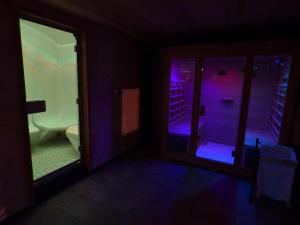 a room with a bathroom with a toilet and purple lights at L'Ours Blanc in La Féclaz