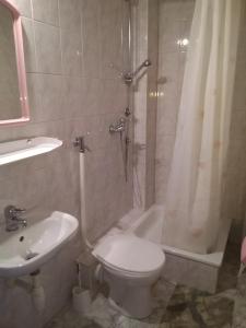 e bagno con servizi igienici, doccia e lavandino. di Hostel Malva a Łomianki
