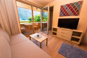 a living room with a couch and a flat screen tv at Apartments Bergleben Goldegg in Goldegg
