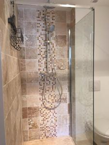 a shower with a glass door in a bathroom at gite la magnanerie in Réauville