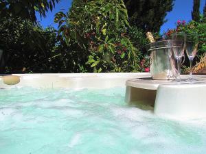 a pool of water with a fountain in the middle of it at Jardines De La Reina Boutique Bed & Breakfast in Marbella