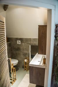 La salle de bains est pourvue d'un lavabo blanc et de toilettes. dans l'établissement Aa Casia vakantiehuis, à Zeegse