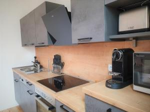 a kitchen with a sink and a counter with a microwave at PB Ferienwohnungen - FeWo 2 - Stilvoll eingerichtetes Apartment im Herzen Senftenbergs in Senftenberg +2 photos