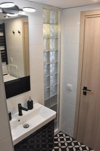 a bathroom with a sink and a mirror and a shower at Seaside Studio Meltemi in Rafina