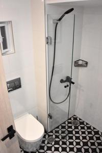 y baño con ducha y aseo. en Seaside Studio Meltemi en Rafína
