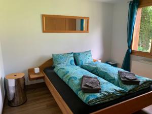 um quarto com uma cama com lençóis azuis e uma janela em Chrinnengletscher em Grindelwald