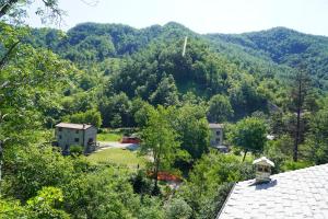 een uitzicht op een berg met bomen en huizen bij Casina del Ponte in Bagno di Romagna