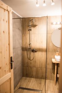 bagno con doccia e porta in vetro di Apartamenty u Janka a Krynica-Zdrój