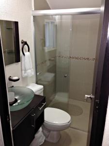 a bathroom with a toilet and a glass shower at Grupo Kings Suites - Monte Chimborazo 567 in Mexico City