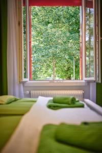 - une chambre avec 2 lits verts et une fenêtre dans l'établissement da Maurizio Suites, à Berne