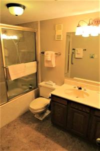 a bathroom with a toilet and a shower and a sink at Royal Holiday Beach Resort in Biloxi
