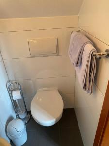 a small bathroom with a toilet and towels at Hotel Restaurant Rössle in Calw