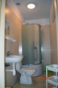 a bathroom with a shower and a toilet and a sink at Aga Pokoje Gościnne - Tylko dla dorosłych in Rewal