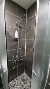 a bathroom with a shower stall with a shower at Jaukūs apartamentai-studija, centre in Šiauliai