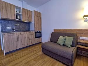 ein Wohnzimmer mit einem Sofa und einer Küche in der Unterkunft Ferienwohnungen Fewo Landglück in Herrieden