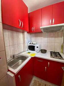 a small kitchen with red cabinets and a sink at Faleză nord in Constanţa